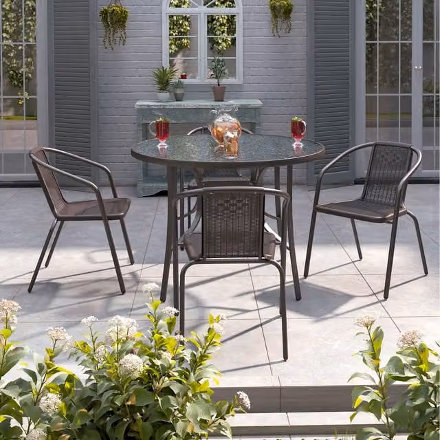 Livingandhome 4-Seater Outdoor Bistro Set with Round Glass Table and Brown Stacking Chairs