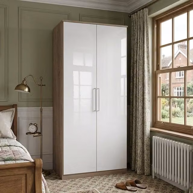 KDMD Belgravia 2 Door Oak White Gloss Wardrobe in Brown, H: 199 cm, W: 90 cm, D: 58 cm