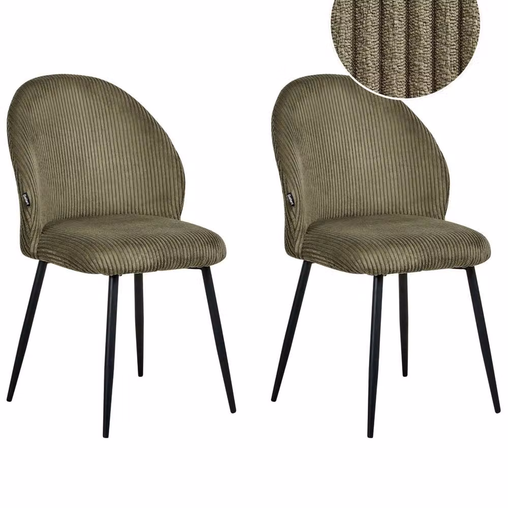 Wyld and Coco Set of 2 Modern Green Corduroy Dining Chairs with Padded Seats and Metal Legs – 2