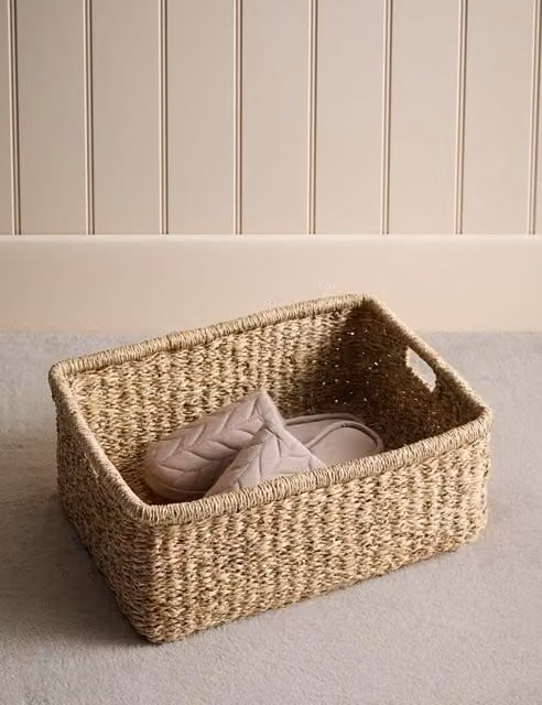 M&S Large Rectangular Open Weave Seagrass Basket with Handles in Natural and Beige