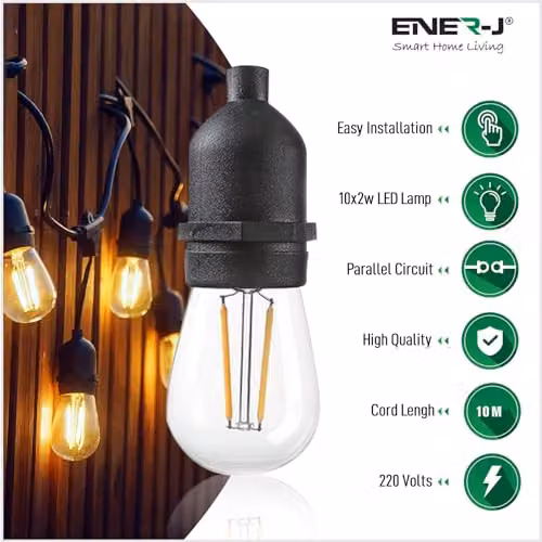 ENERJ 10.2m Outdoor LED Festoon String Lights with 10 x 2W E27 Vintage Filament Bulbs, IP65 Waterproof, Warm White, Black – 2