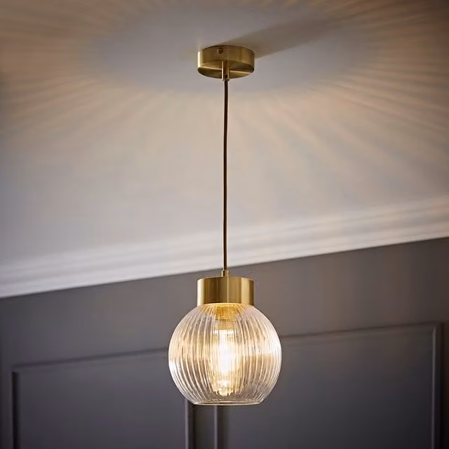 ValueLights Maddison Ribbed Glass Capped Ceiling Pendant Light with LED Bulb in Gold