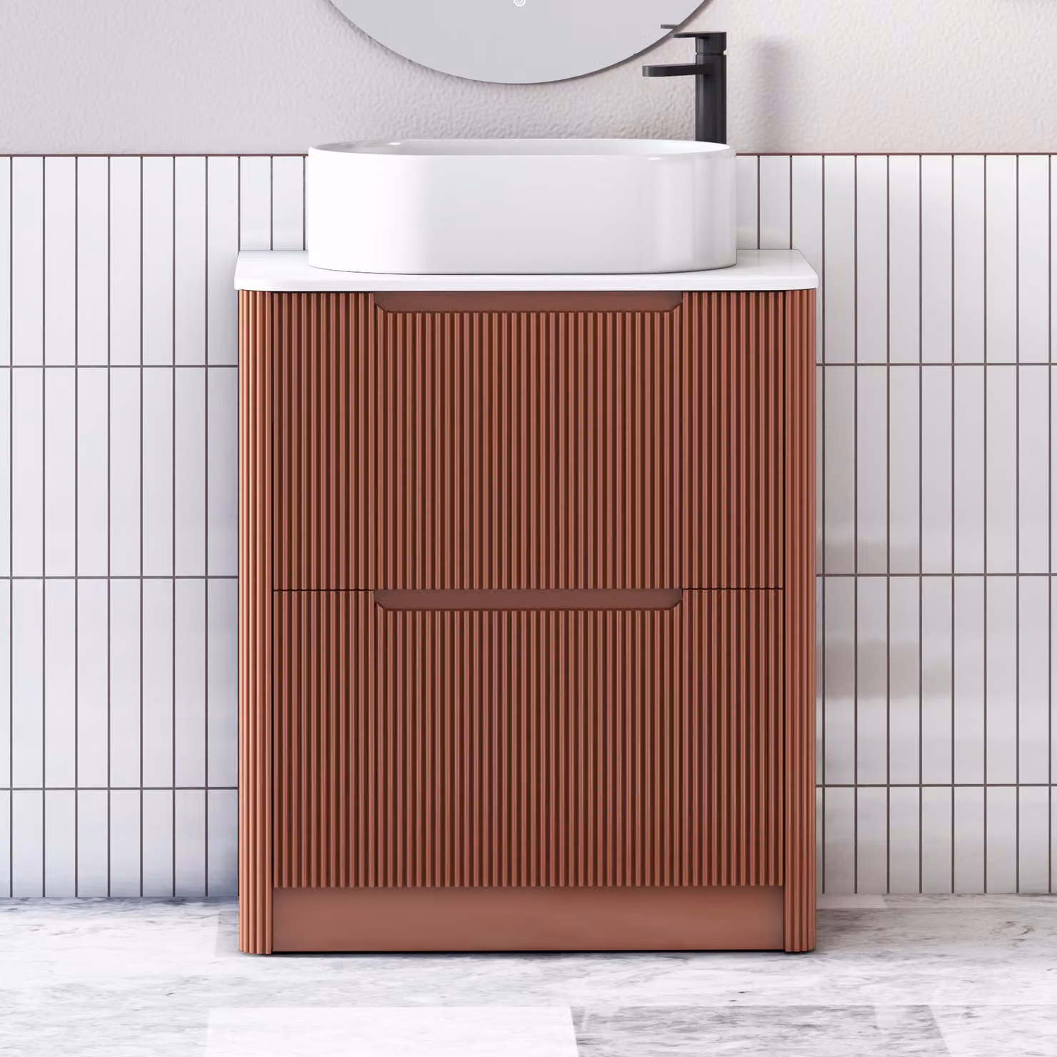Royal Bathrooms Avenza Terracotta Clay Floor Standing Vanity Unit with 2 Drawers, White Worktop and Peak Basin, Width: 70 cm