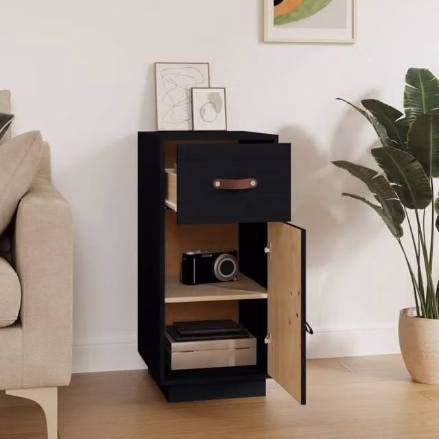Berkfield Home Black Solid Pine Wood Sideboard, W/D/H: 34 x 40 x 75 cm