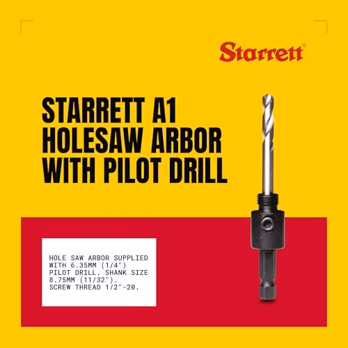 Starrett A1 Hole Saw Arbor in Black with 6.35mm High Speed Pilot Drill Bit and Hex Shank – 2