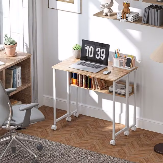 HOMCOM Foldable Computer Desk with Castors in Natural and White