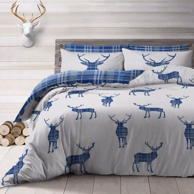 VELOSSO Reversible Polycotton Animal Graphic Duvet Cover and Pillowcase Set in Blue and Grey, W: 180 cm, L: 200 cm