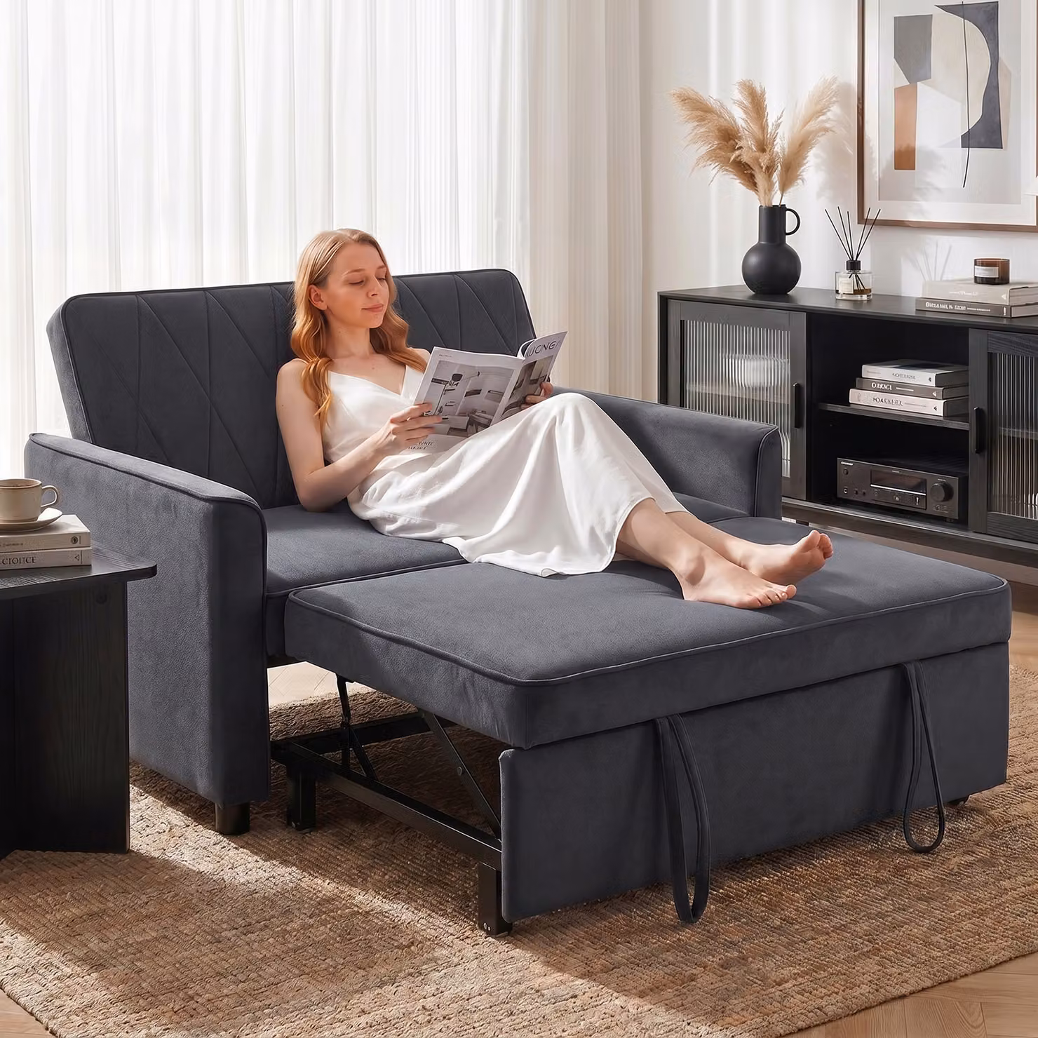 HOMCOM 2 Seater Convertible Sofa Bed with Click-Clack Adjustable Backrest, Grey Velvet Upholstery – 2