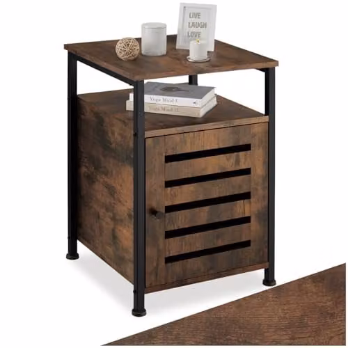 tectake Industrial Bedside Table with Cupboard and Open Shelf, Brown, W/D/H: 40.5 x 40.5 x 60.5 cm