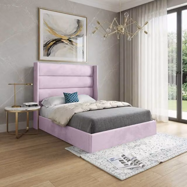 KDMD Shireshead Winged Upholstered Designer Bed Frame in Pink Soft Velvet, W/D/H: 180 x 137 x 159 cm – 1