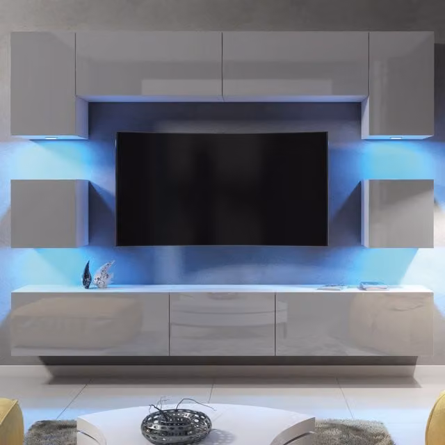 Mex Furniture LTD Modern Grey Glossy TV Wall Unit with Integrated LED Lighting and Hinged Doors, W: 242 cm, H: 35 cm, D: 207 cm – 1