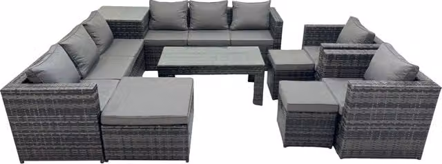 Fimous 11 Seater Rattan Outdoor Furniture Set with L-Shape Corner Sofa, Ottoman and Coffee Table in Dark Grey
