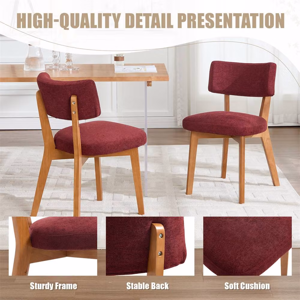 Direct Wicker Set of 2 Mid-Century Linen Dining Chairs with Solid Wood Frame in Wine Red – 3