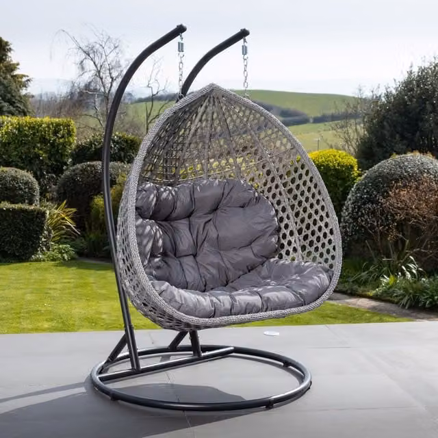 Artemis Home Grey Polyrattan Double Swing Egg Pod Chair with Microfibre Cushions