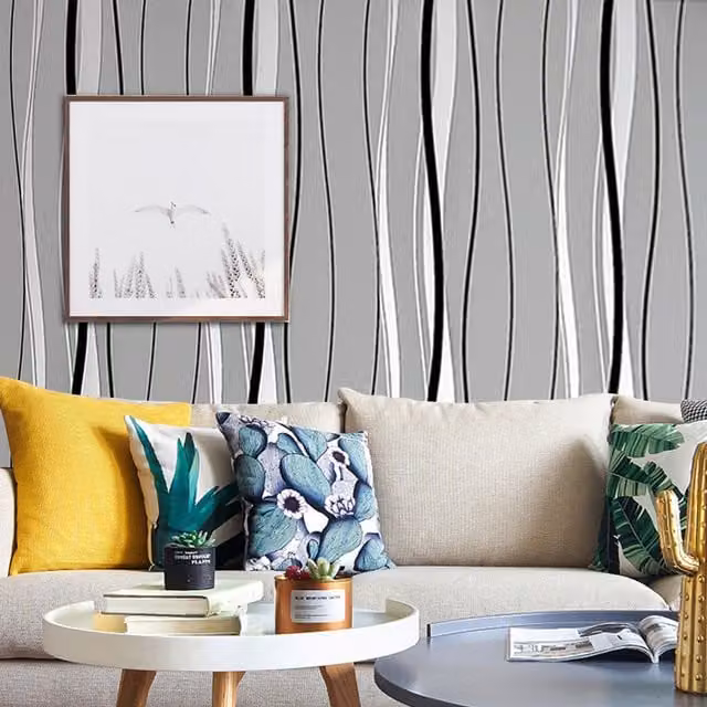 Livingandhome Abstract Striped Non-Woven Wallpaper in Grey and Silver with Satin Gloss Finish