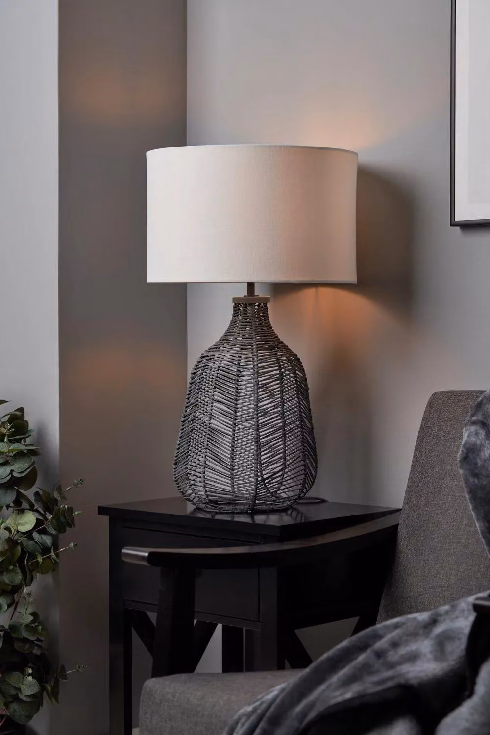 BHS Lighting Leo Modern Rattan Table Lamp in Grey, H 38.5 x W 26.0 cm – 2