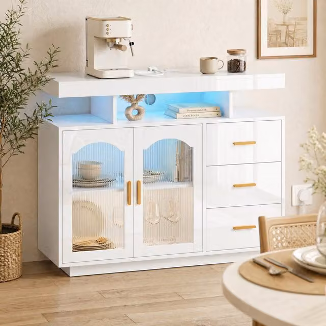 HOMCOM Modern High Gloss Sideboard with Integrated LED Lighting in White