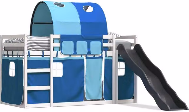 Berkfield Home Childrens Bunk Bed with Slide and Curtains in Blue, Solid Pine Wood, W/D/H: 90 x 200 cm – 1