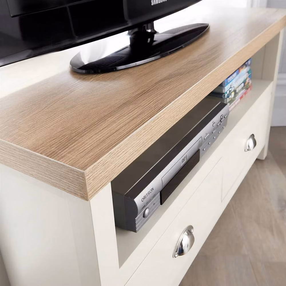 Home Source 2 Drawer TV Stand with Open Shelving and 36mm Top in White – 2