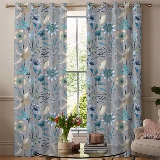 Voyage Maison Oceania Made to Measure Blackout Floral Fabric Panel Curtain in Mineral Blue and Grey