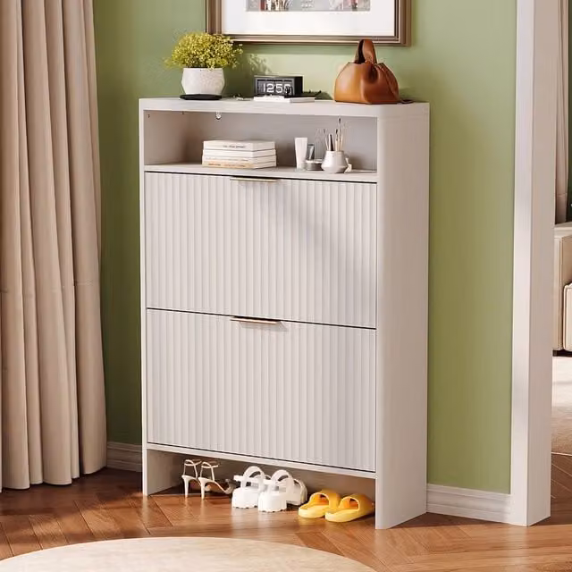 Nordara White Modern Wall Mounted Shoe Cabinet with Roll Shutter Doors and Internal Shelves, Width: 83 cm