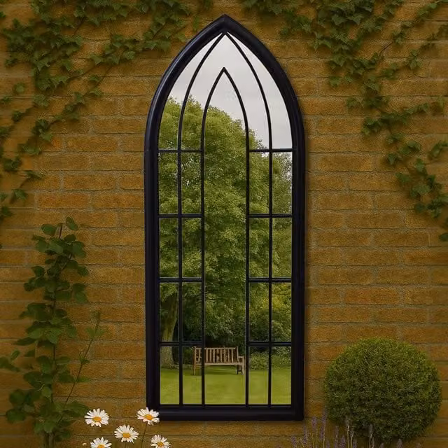 Agenzia 14 Antique Black Arched Metal Frame Window Garden Wall Mirror, H 153 cm x W 60 cm – 1