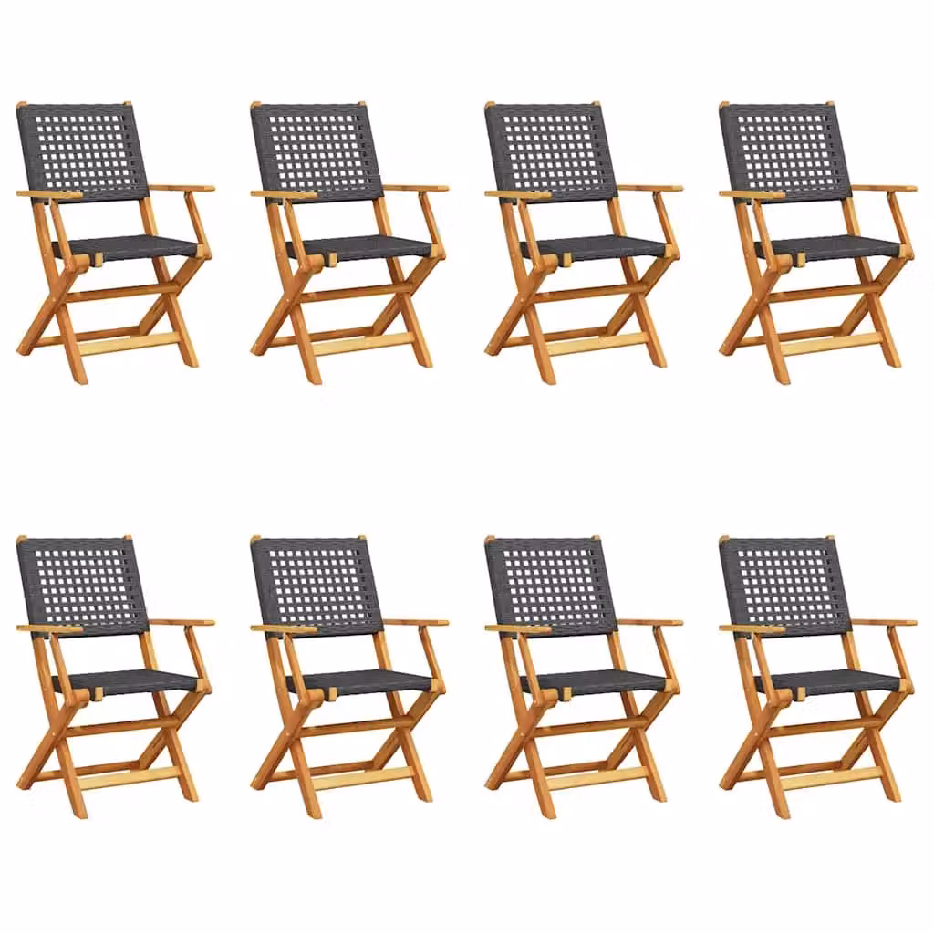 Berkfield Home Set of 8 Folding Garden Chairs in Black Poly Rattan and Acacia Wood – 2
