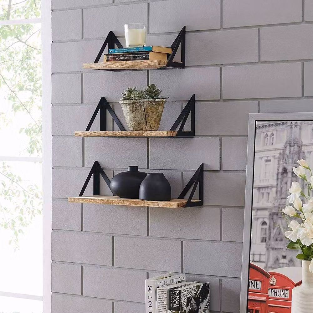 NESTLUNE Set of 3 Rustic Natural Burned Wood Floating Wall Mounted Shelves, Brown, W: 100 cm, D: 15 cm – 4