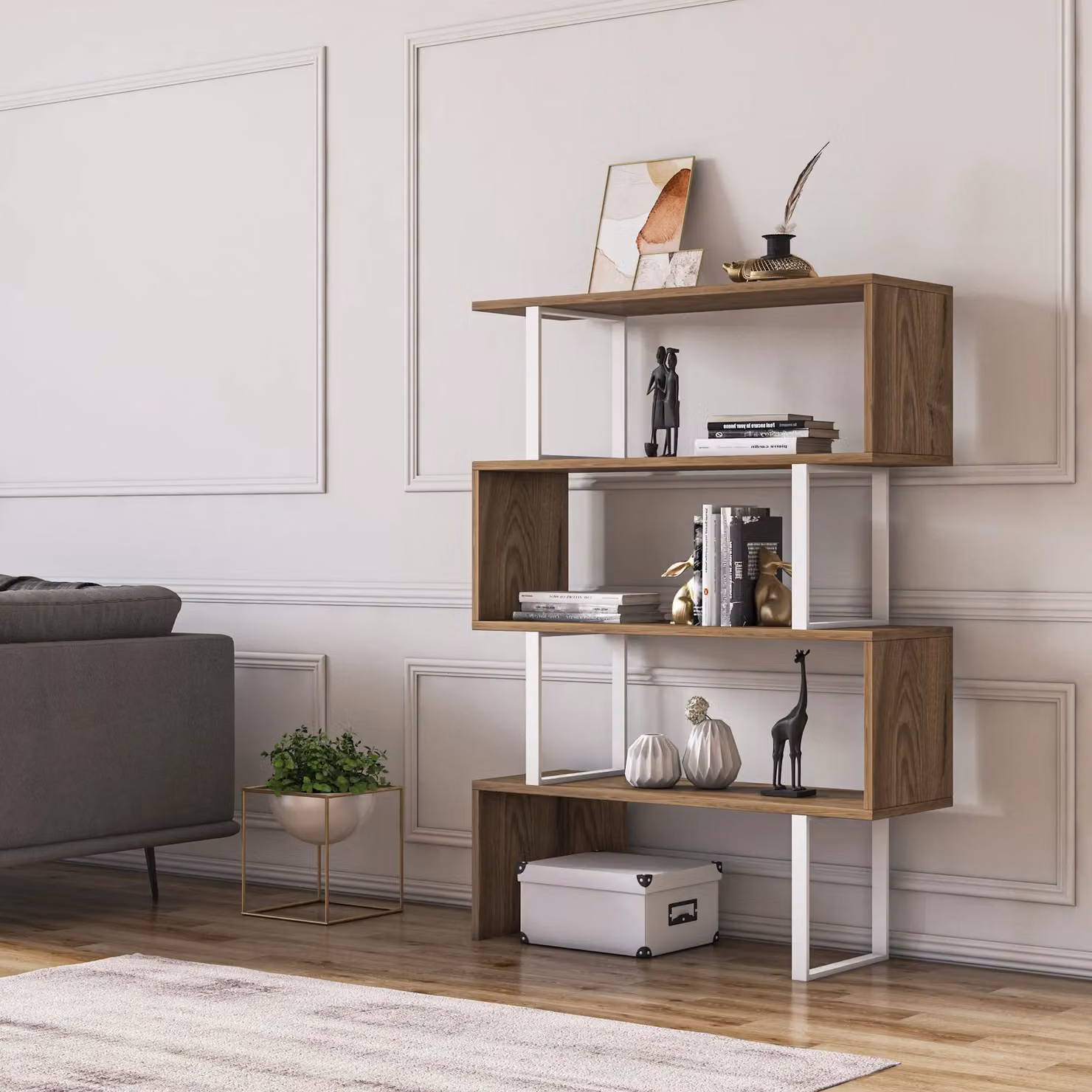 Decorotika Adriana Modern Geometric 4-Tier Bookshelf in White and Brown, W/D/H: 120 x 30 x 90 cm – 2