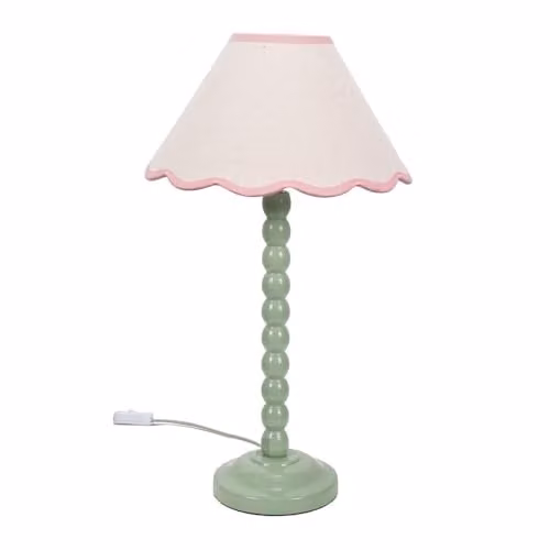 ValueLights Sage Green Bobbin Stem Table Lamp with Pink Trim Scallop Shade and LED Bulb – 1