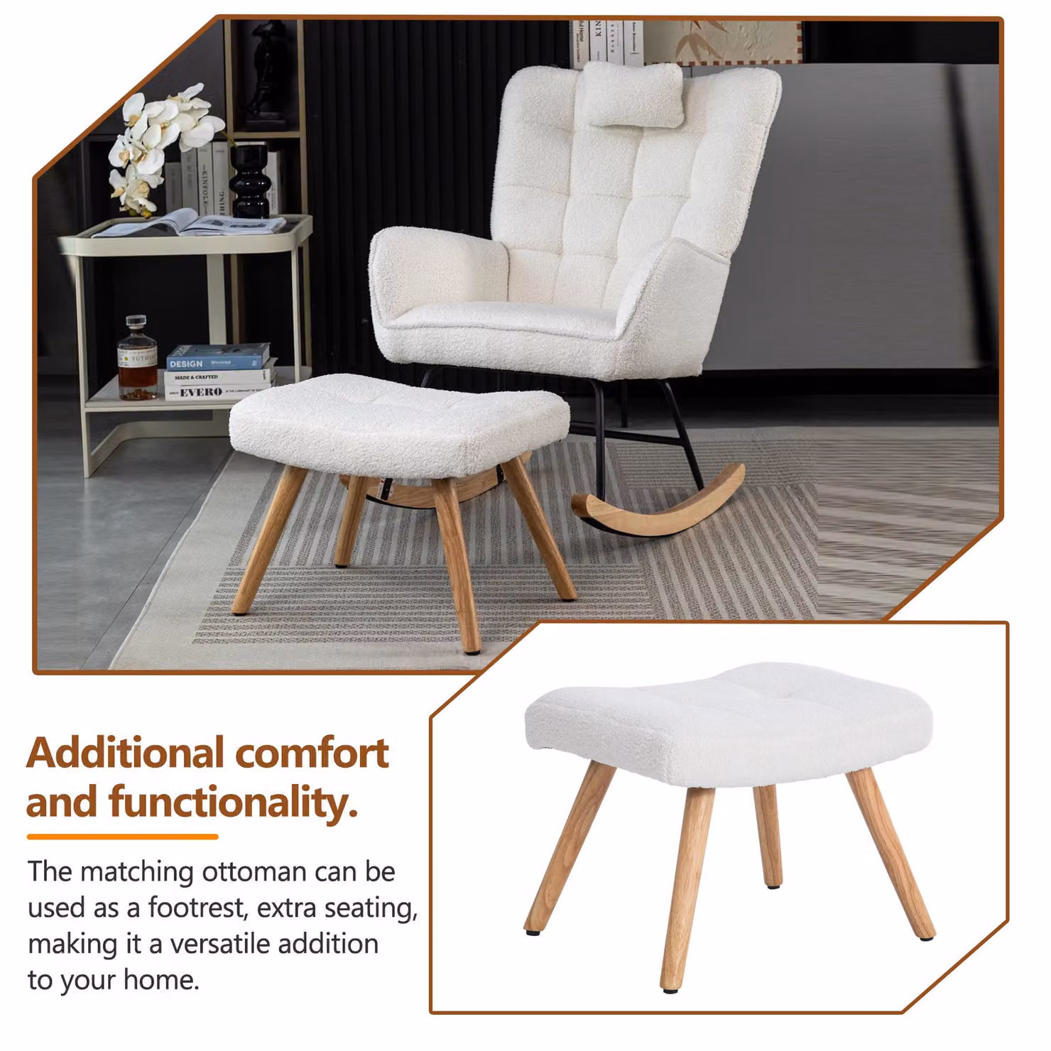 Aosom.UK White Bouclé High Back Ergonomic Recliner Rocking Chair with Footrest and Solid Wood Legs, W/D/H: 65 x 93 x 92 cm – 2
