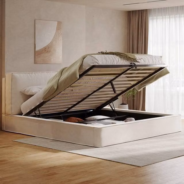 Matteo King Size Ottoman Storage Bed Frame in Beige Upholstered Fabric, W/D/H: 180 x 200 cm – 1