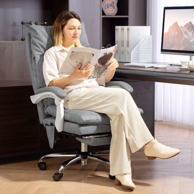 HOMCOM Grey Fabric Task Office Chair with Headrest, Footrest and Adjustable Height