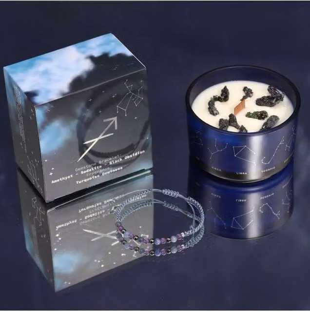 KDMD Sagittarius Zodiac Crystal Candle and Turquoise and Black Gemstone Bracelet Set in Blue – 1