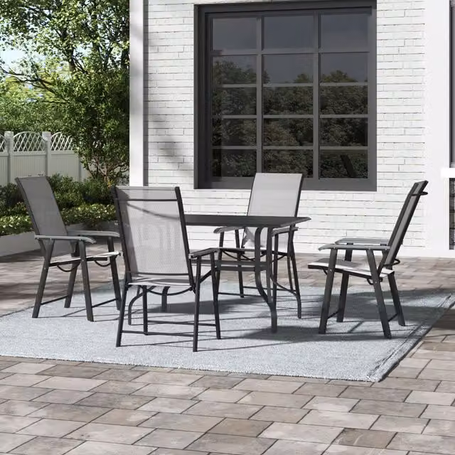 Breeins Modern Black Metal Outdoor Coffee Table Set with 4 Chairs and Parasol Hole