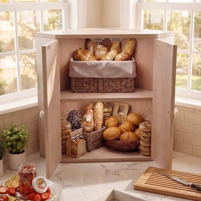 SPETLEK Farmhouse Corner Bread Box Storage Container for Kitchen Counter, White