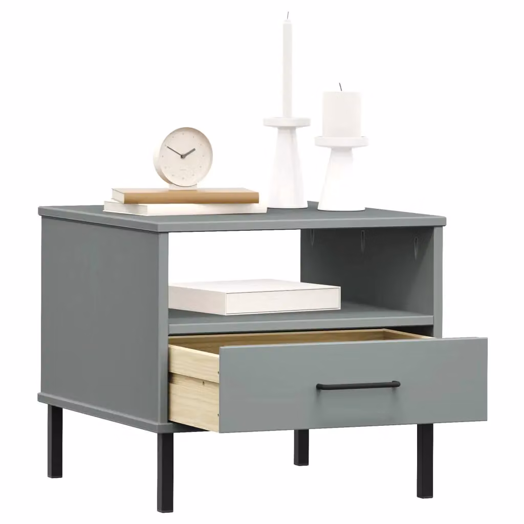 Berkfield Home Oslo Bedside Table in Grey Solid Pine Wood with Metal Legs – 3