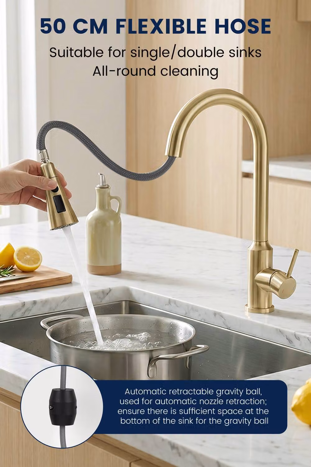 JANLEMNY Brushed Gold Pull Out Kitchen Mixer Tap with High Arch Spout and Spray Function – 4