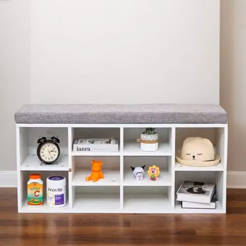 Gr8 Home Wooden Shoe Storage Bench with Padded Fabric Seat in Grey and White, W/D/H: 105.0 x 30.0 x 48.0 cm – 2