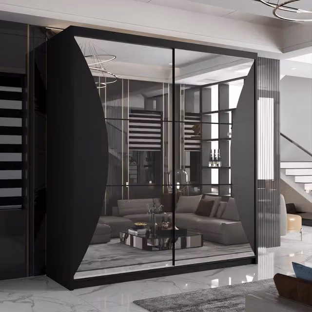 Sliding Wardrobes 4U Modern Black Glossy Sliding Wardrobe with Integrated LED Lighting W: 203 cm, H: 217 cm, D: 62 cm – 1