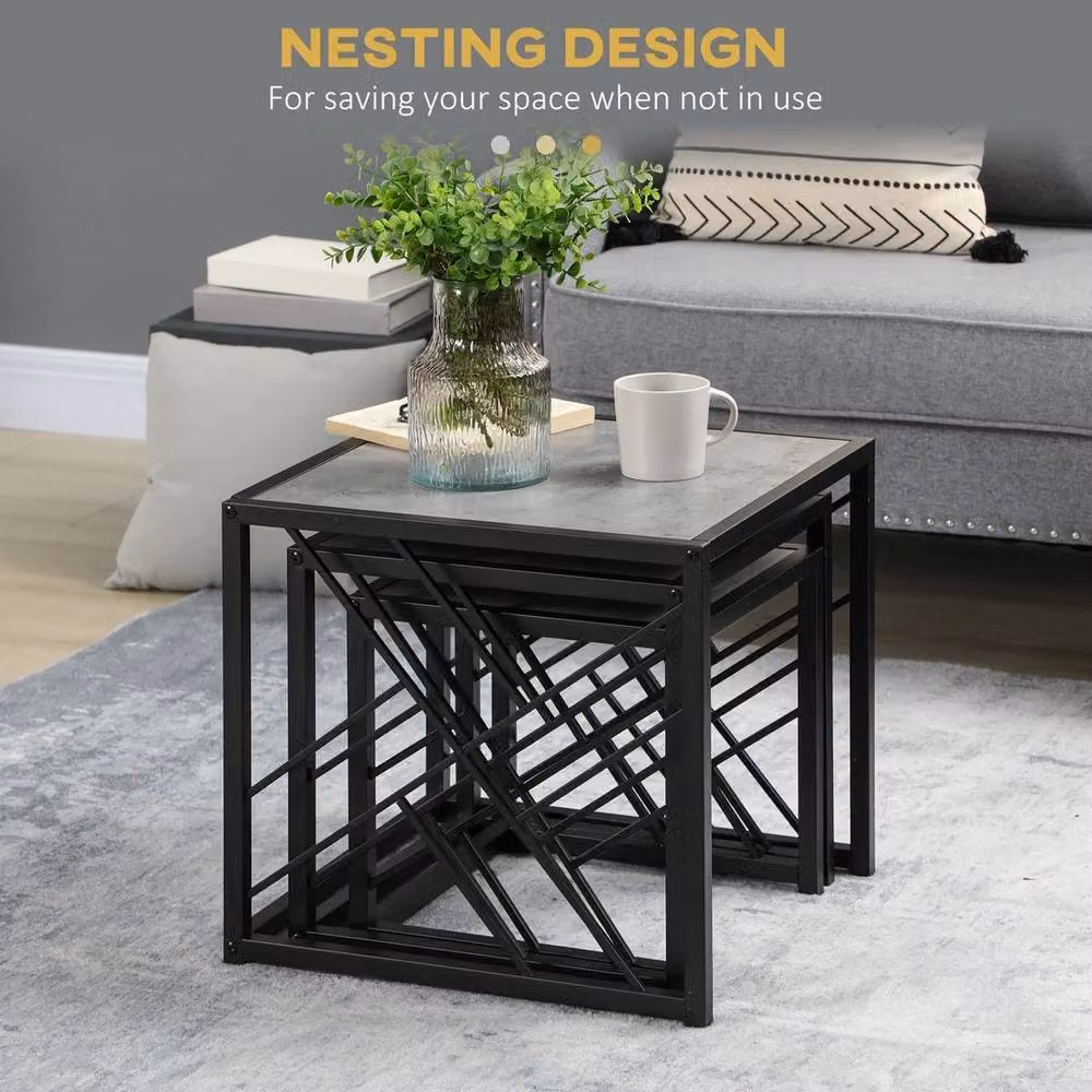 EONLION Set of 3 Modern Square Nesting Coffee Tables in Grey Metal – 4