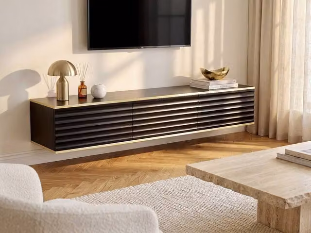 Vente-unique Alesar Wall-Mounted Corner TV Unit with 3 MDF Hinged Doors in Black and Gold, W/D/H: 170 x 35 x 30 cm – 1