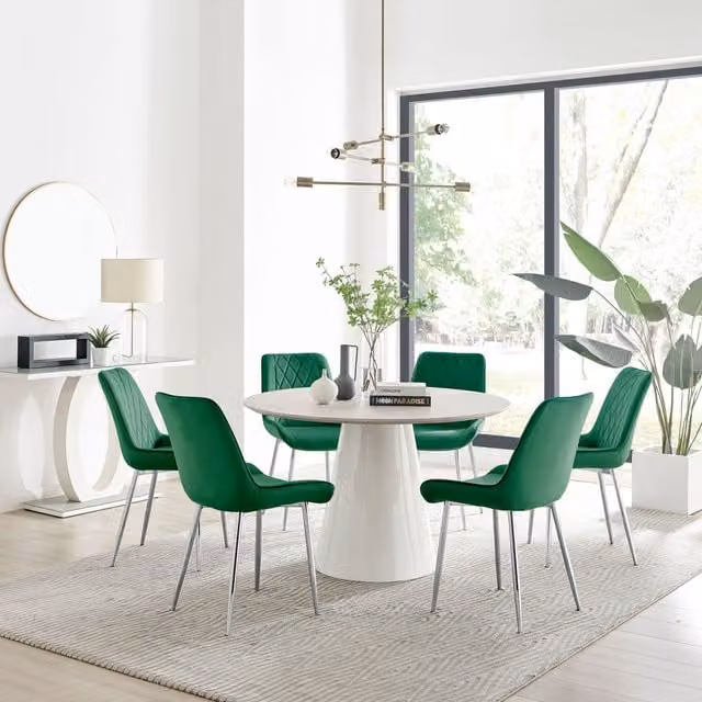 FurnitureboxUK Palma Beige Stone Effect Round Dining Table and 6 Pesaro Silver Chairs in Green