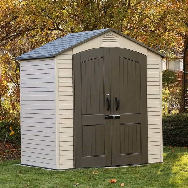 Lifetime Heavy Duty Plastic and Steel Gable Garden Shed in Beige and Yellow