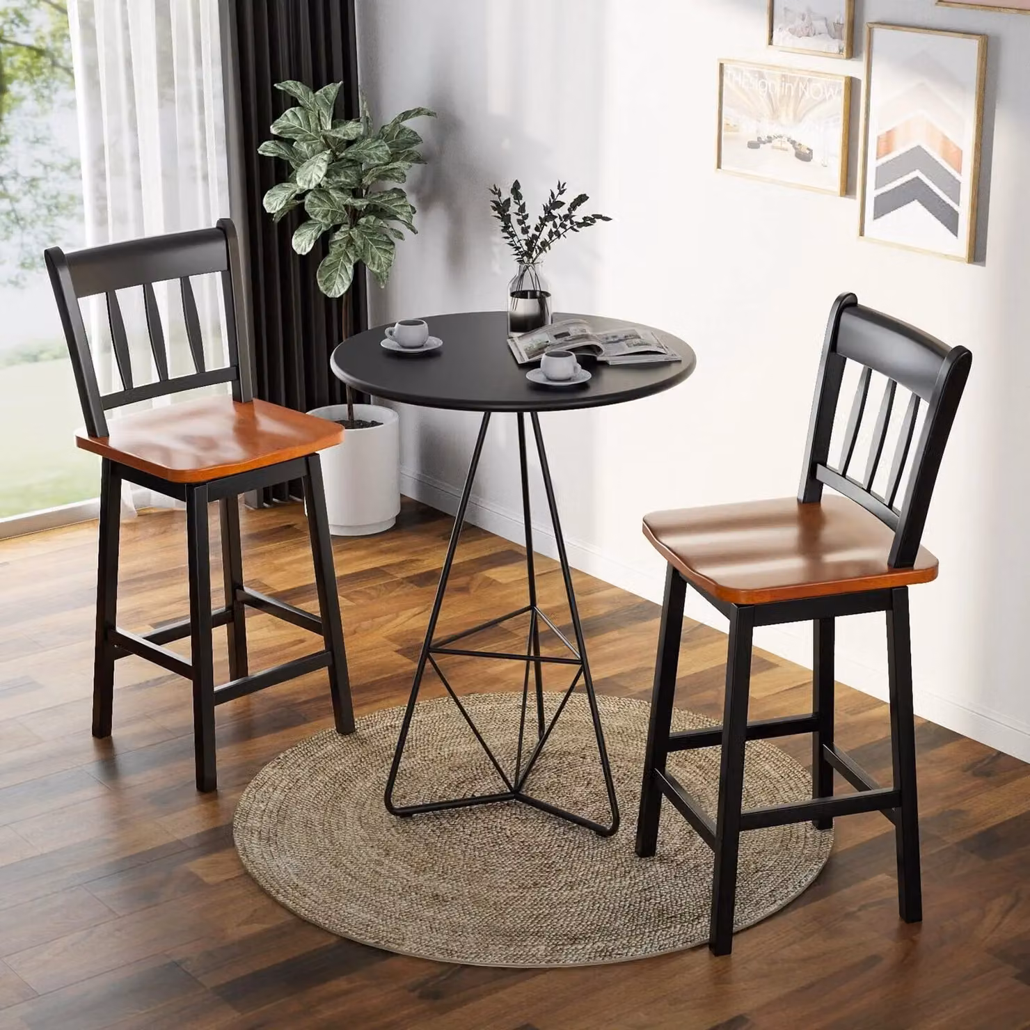 Costway Set of 2 Black Rubberwood Swivel Bar Stools with Backrest and Footrest – 5