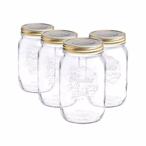 Bormioli Rocco Quattro Stagioni Glass Preserving Jars with Airtight Screw Lids, Transparent, 1 l, Pack of 4 – 1
