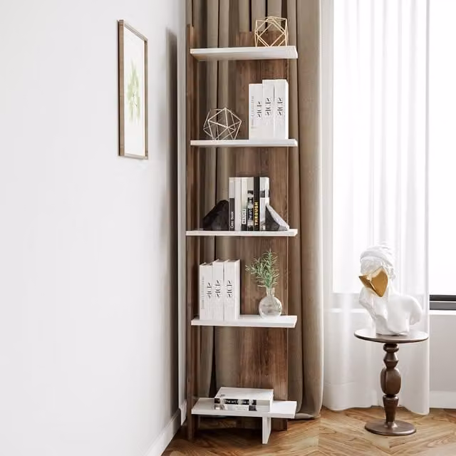 Livingandhome 5 Tier Corner Wooden Display Unit and Bookcase in Antique Brown