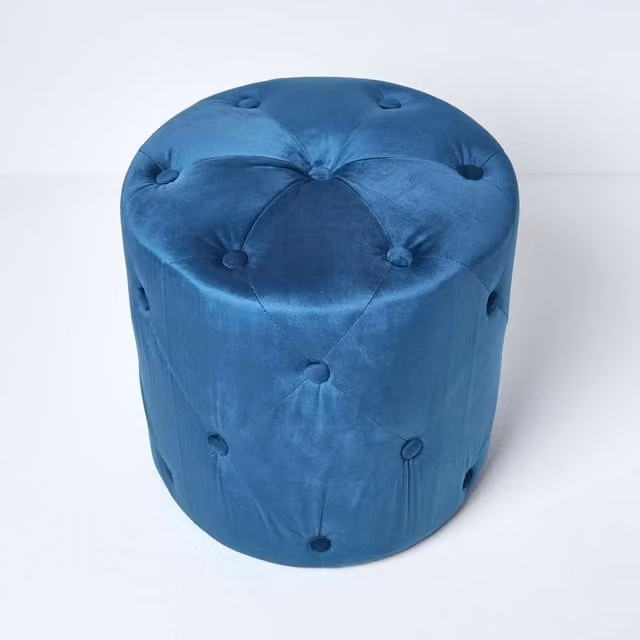 Homescapes Blue Velvet Cylindrical Footstool W/D/H: 40 x 40 x 40 cm