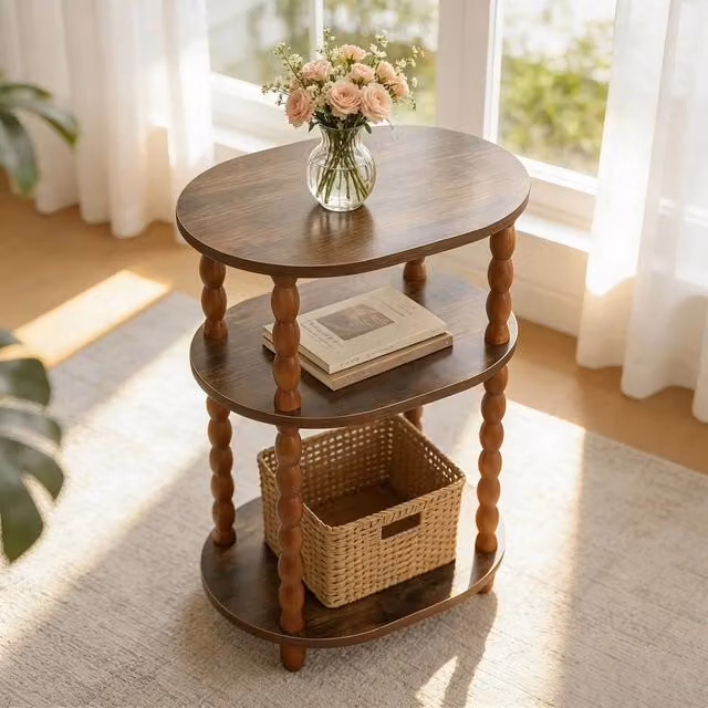 FORGEVIO 3-Tier Round Wood Side Table with Storage in Brown – 1