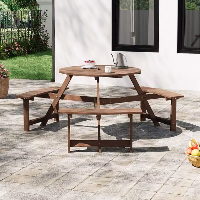 Breeins Round Garden Table and Bench Set in Brown Treated Hardwood